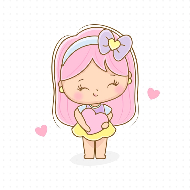 Desenho animado no estilo kawaii de uma linda garota com cabelo colorido segurando uma boneca de cabelo cor-de-rosa