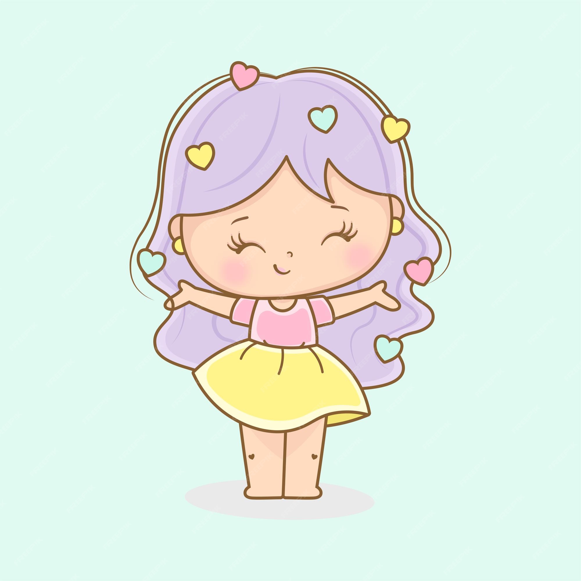 Desenho animado no estilo kawaii de uma linda garota com cabelo colorido  segurando uma boneca de cabelo cor-de-rosa