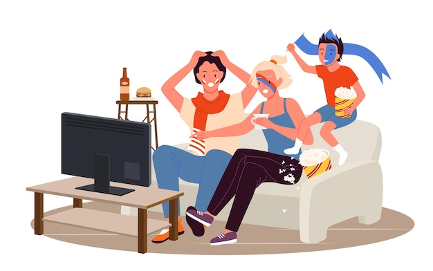 Desenho animado pai mãe e filho filhos fãs personagens sentados no sofá para assistir televisão durante o dia isolado no branco fãs de pessoas da família assistindo torneio de futebol juntos ilustração vetorial
