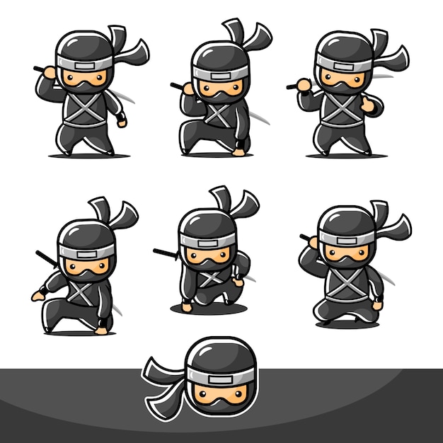 Vetor desenho animado pequeno ninja preto com seis novas poses diferentes e pronto para atacar