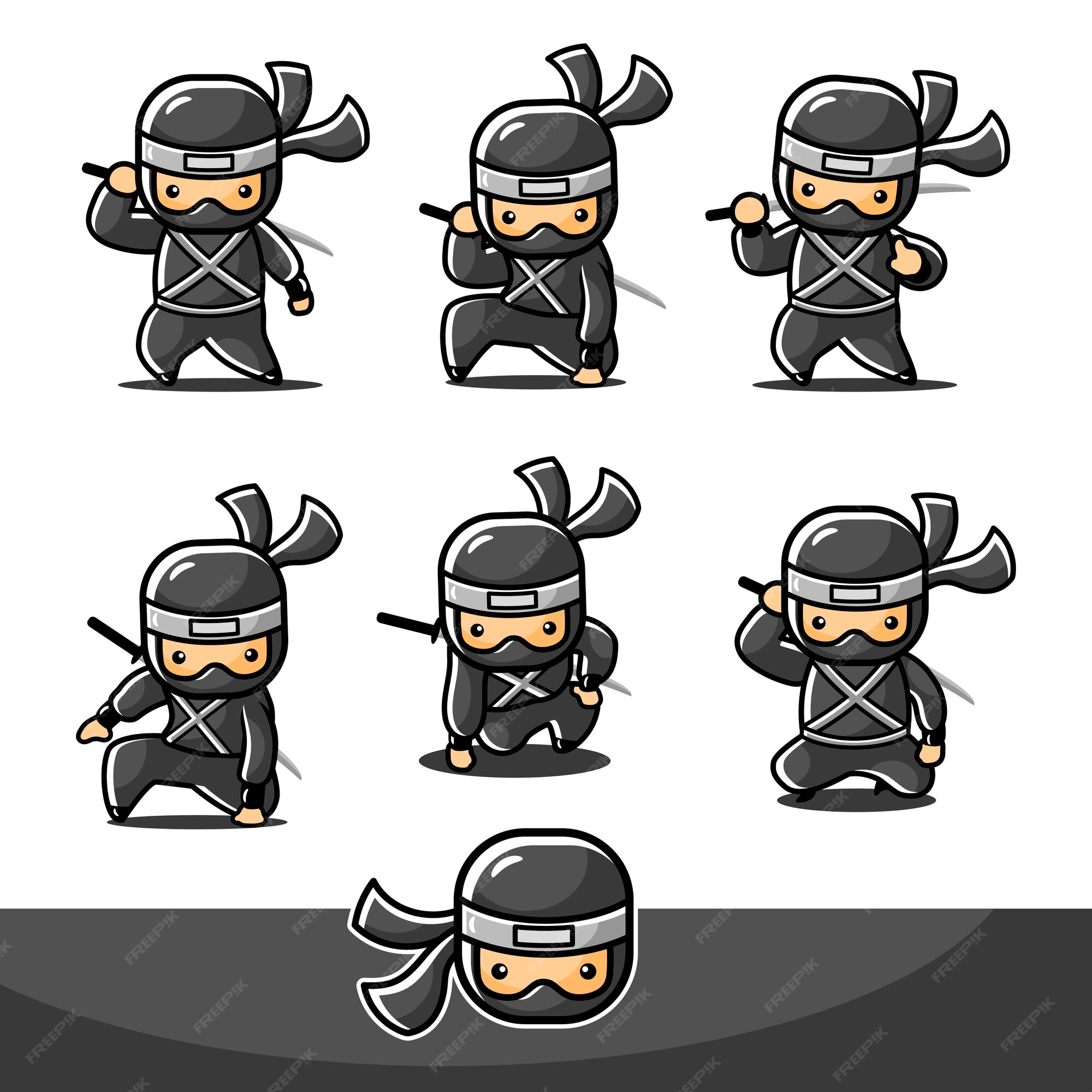 ninja de desenho animado preto define 12 com seis poses diferentes 3381499  Vetor no Vecteezy