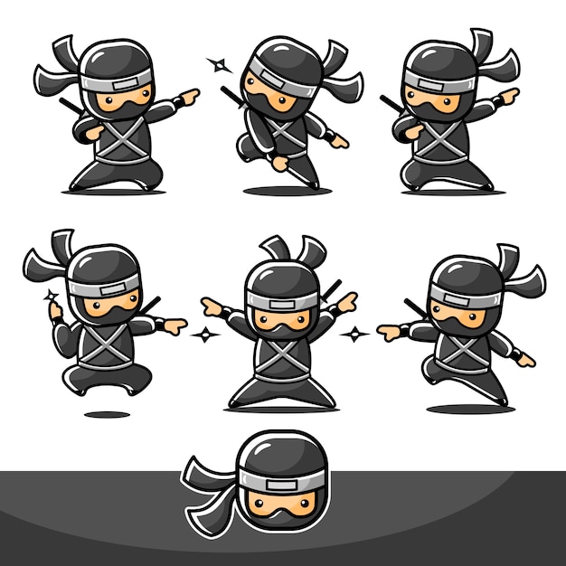 Desenho animado pequeno ninja preto com seis novas poses diferentes, prontas para atacar com dardo