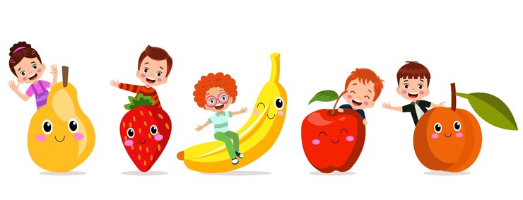 Vetor desenho animado plano feliz frutas deliciosas e ícones de crianças clip art ilustração vetorial