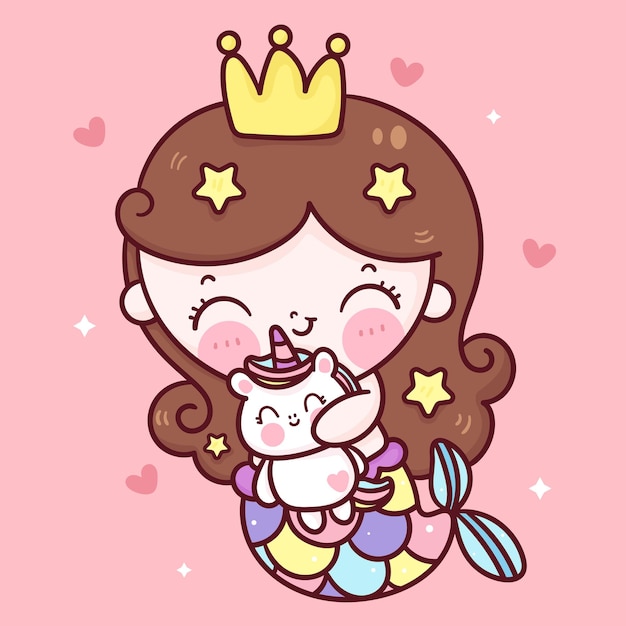 Desenho animado princesa sereia fofa abraçando boneca unicórnio ilustração kawaii