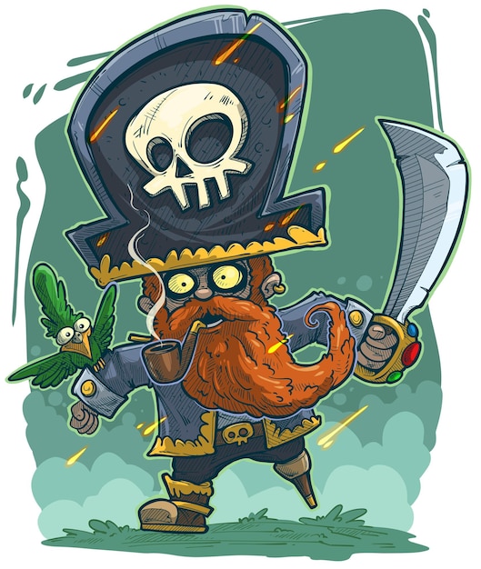 Desenho animado ruivo barbudo pirata com papagaio verde