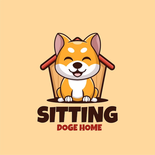 Desenho animado sentado doge shiba inu casa logotipo fofinho