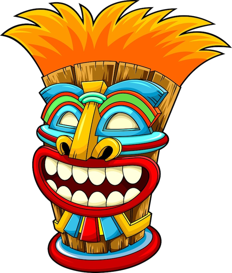 Vetor desenho animado tiki tribal máscara de madeira vetorial ilustração desenhada à mão