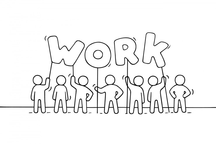 Vetor desenho animado trabalhando pequenas pessoas com a palavra trabalho.