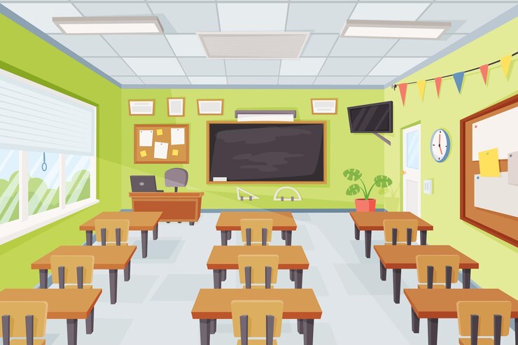 Vetor desenho animado vazio interior da sala de aula escolar com mesas e ilustração vetorial de quadro-negro