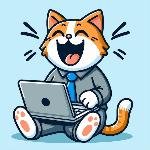 desenho animado vetor gato feliz jogando laptop