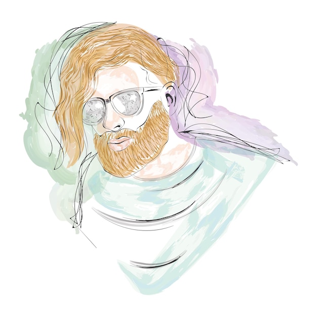 Desenho aquarela isolado de um hipster com ilustração vetorial de óculos