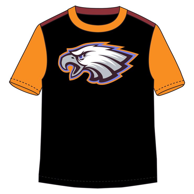 Vetor desenho artístico colorido de cabeça de águia em camiseta de fundo preto