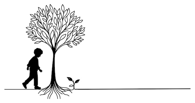 Vetor desenho artístico contínuo de uma linha preta silhueta de crianças plantando árvores lata cavando raízes planta
