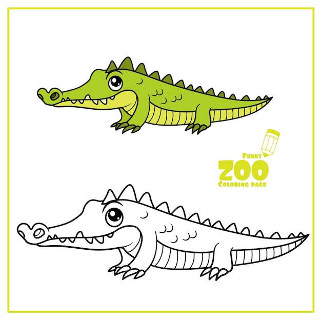 Desenho bonito cor de crocodilo verde e delineado em um fundo branco para colorir página