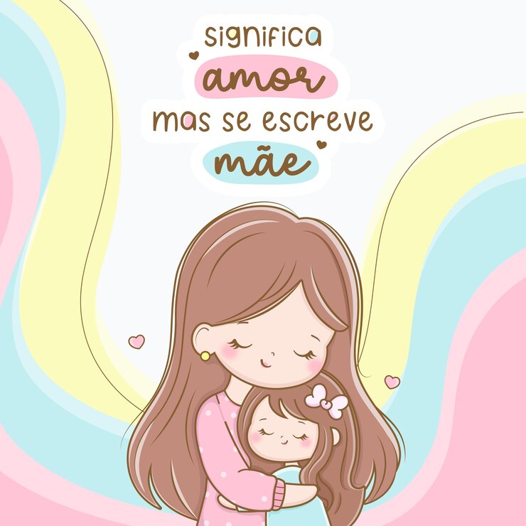 Vetor desenho bonito de mãe e filha se abraçando com arco-íris no fundo