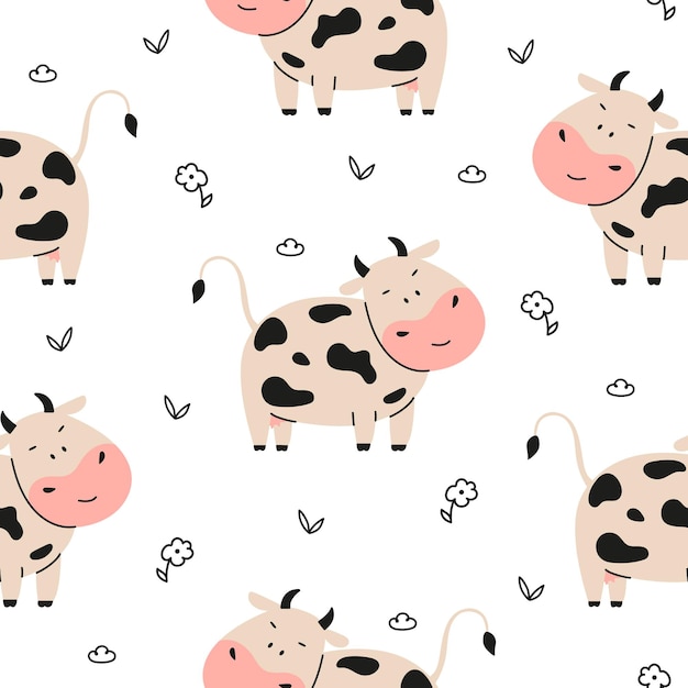 Desenho bonito de vaca sem costura com flor e folha