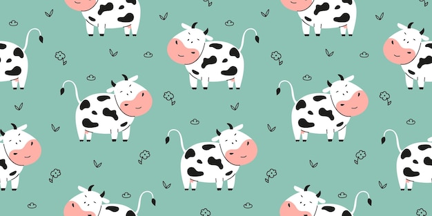 Desenho bonito de vaca sem costura com flor e folha