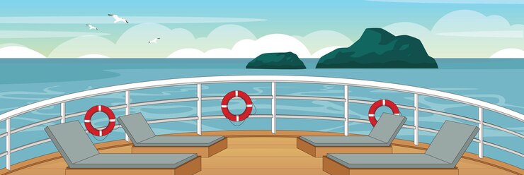 Vetor desenho bonito e agradável do convés do navio com móveis e objetos interiores de design vetorial