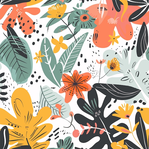 Desenho botânico tropical colorido com flores variadas folhas cores vibrantes Artístico