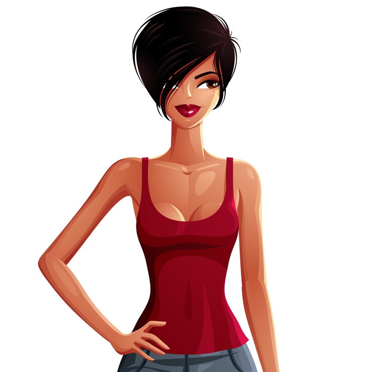Vetor desenho brilhante de uma linda morena sexy mulata isolada no retrato branco, feminino. senhora vestida elegante segurando a mão na cintura, ilustração vetorial.