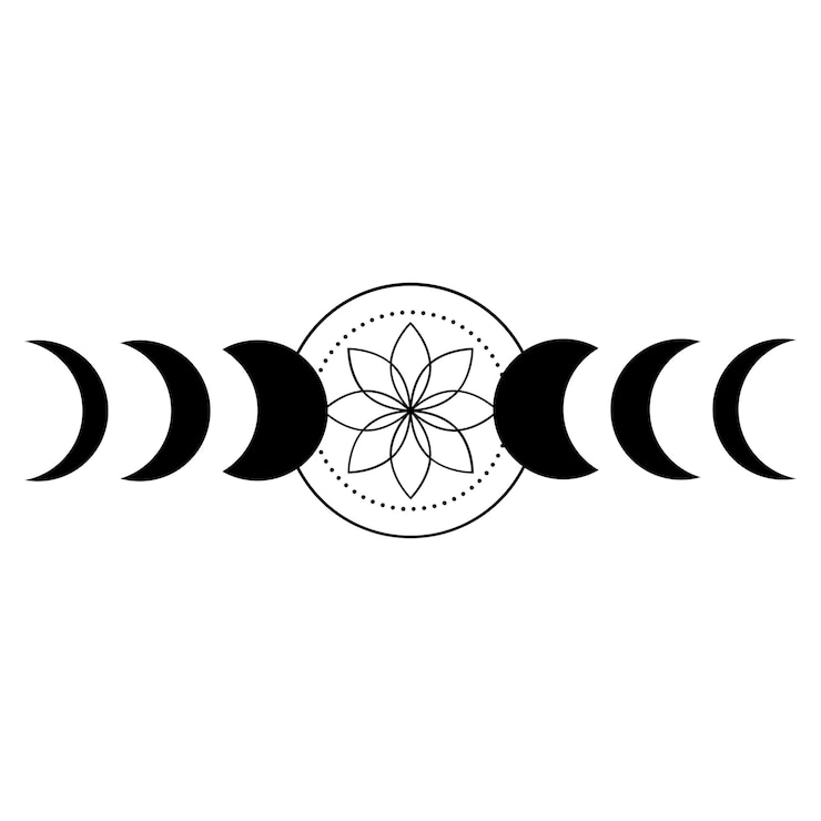 Vetor desenho celestial com fases lunares e um motivo floral em estilo monocromático