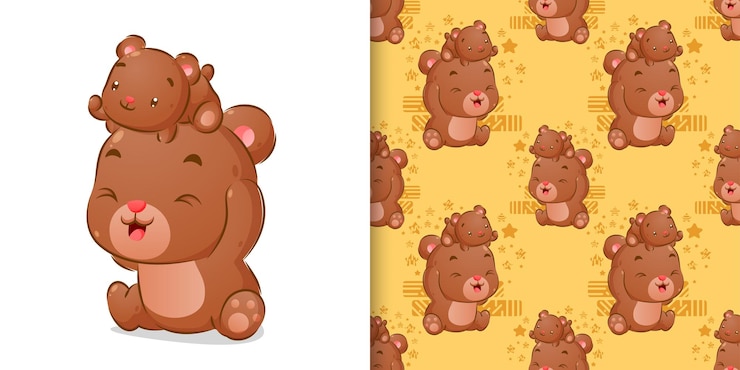 Vetor desenho colorido à mão de ursos brincando juntos na ilustração do conjunto de padrões sem emenda