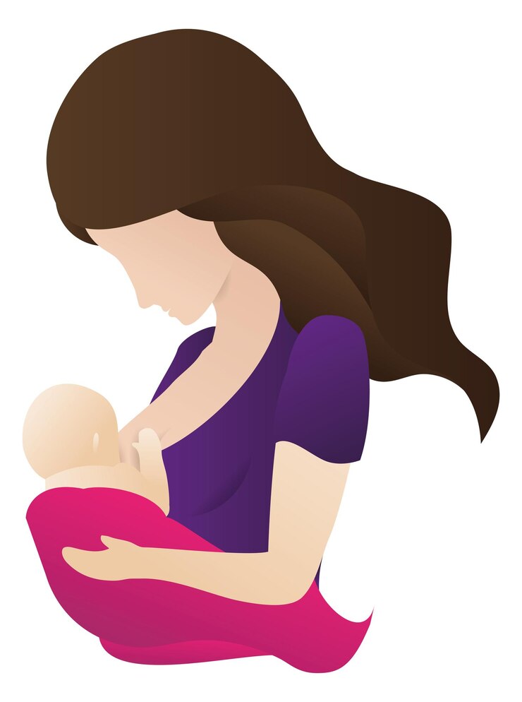 Vetor desenho colorido com mãe de cabelos longos sem rosto amamentando seu bebê nos braços