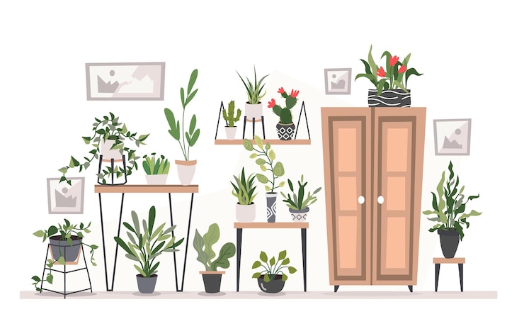 Desenho colorido de uma aconchegante sala de estar cheia de móveis e exóticas plantas tropicais em vasos e flores.
