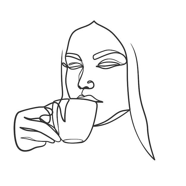 Desenho contínuo de arte de uma linha de mulher bebendo café. desenho de arte de uma linha de café