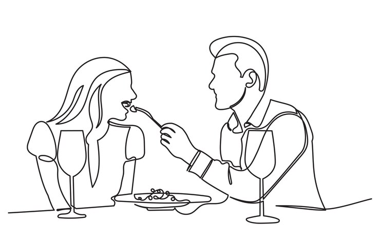 Vetor desenho contínuo de um casal romântico num restaurante a almoçar. um casal a jantar.