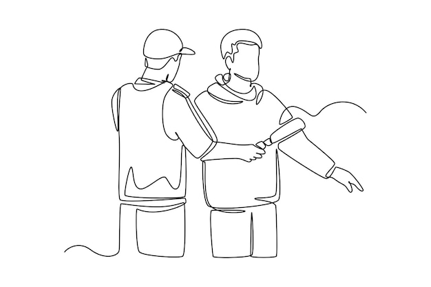 Desenho contínuo de uma linha agente de segurança aeroportuária usando um detector de metais em um conceito de atividades aeroportuárias de passageiros masculinos ilustração gráfica vetorial de design de desenho de linha única