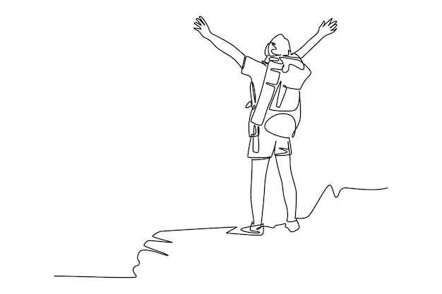 Vetor desenho contínuo de uma linha alpinistas individuais se sentem muito felizes e espantados ao ver a paisagem natural na montanha conceito minimalista de aventura trabalho em equipe caminhadas desenho de linha única vetor