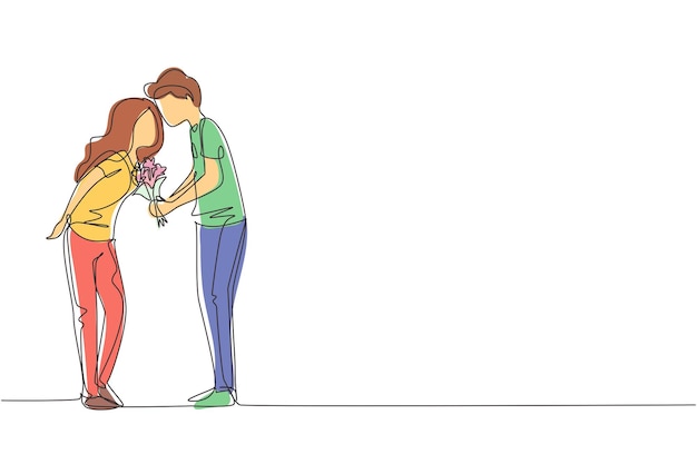 Vetor desenho contínuo de uma linha bonito menino e menina se beijando com um buquê de flores beijando casal de jovens amantes casal romântico apaixonado desenho de linha única ilustração gráfica vetorial.
