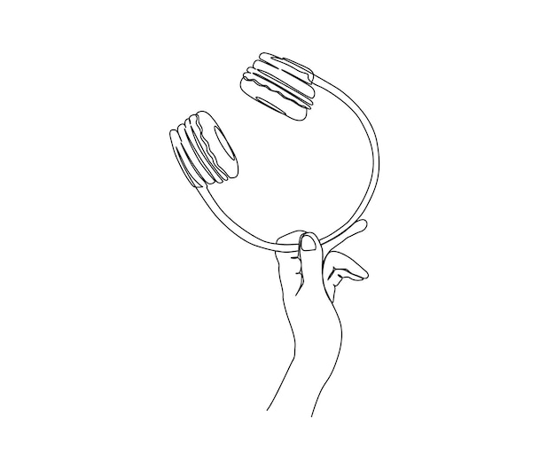Desenho contínuo de uma linha da mão segurando o fone de ouvido a mão segura o vetor de arte da linha do fone de ouvido sem fio
