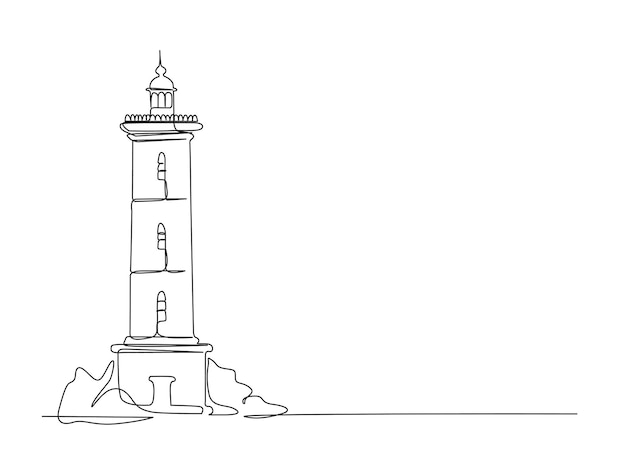 Desenho contínuo de uma linha da torre do farol. ilustração simples da torre da colina do castelo, costa do mar