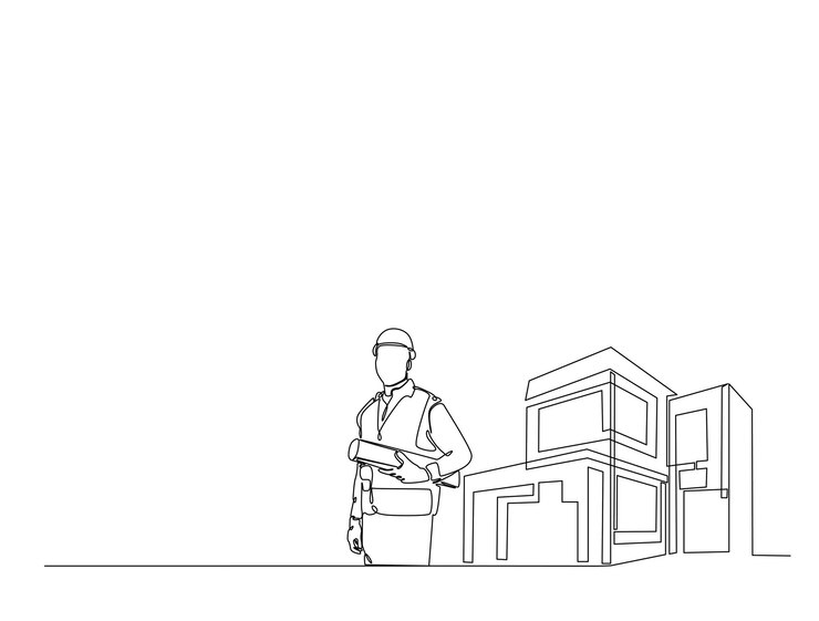 Vetor desenho contínuo de uma linha de arquiteto com papel de plano e imóvel de edifício moderno