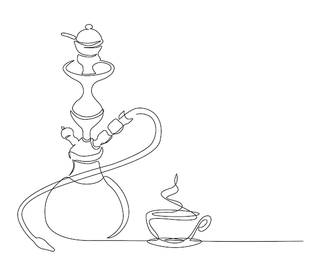 Vetor desenho contínuo de uma linha de cachimbo de água e uma xícara de equipamento para fumar tabaco de café simples ilustração em vetor sheesha