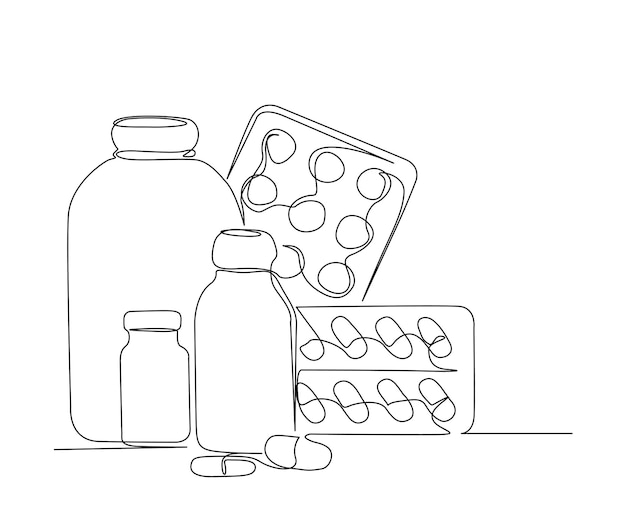 Desenho contínuo de uma linha de comprimido de cápsula de vitamina de remédio de mão e pílula medicamentos médicos simples ilustração em linha de arte de cuidados de farmácia