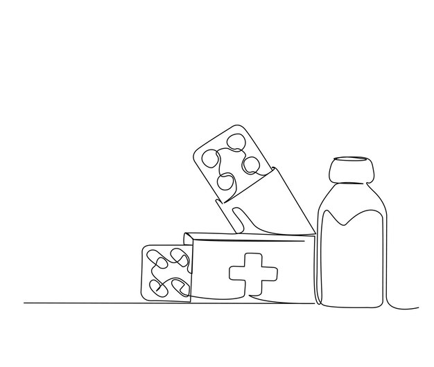 Desenho contínuo de uma linha de comprimido de cápsula de vitamina de remédio de mão e pílula medicamentos médicos simples ilustração em linha de arte de cuidados de farmácia