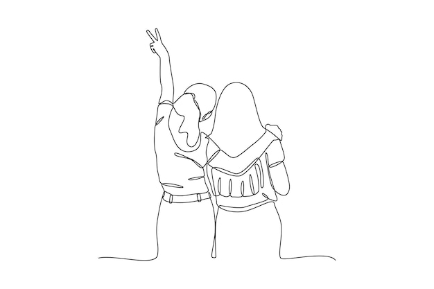 Desenho contínuo de uma linha de dois amigos posando conceito de dia da amizade desenho de desenho de linha única