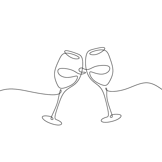 Desenho contínuo de uma linha de dois copos de vinho torcendo por momentos de celebração isolados em fundo branco