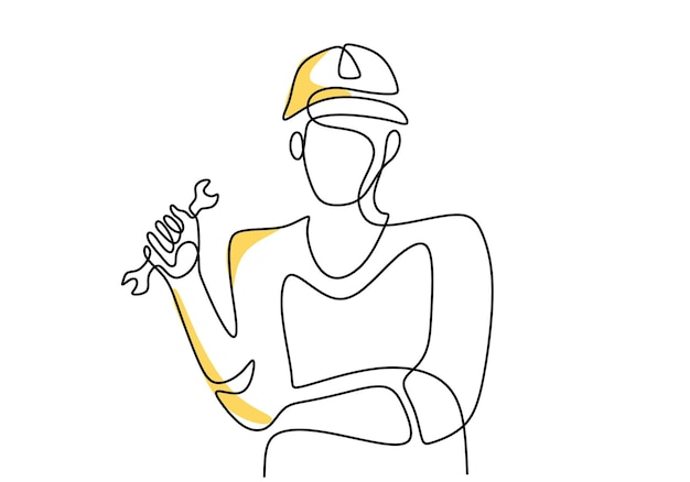 Vetor desenho contínuo de uma linha de mecânico jovem usando capacete e pose de pé enquanto segura o conjunto de chave inglesa conceito minimalista de profissão profissional ilustração vetorial