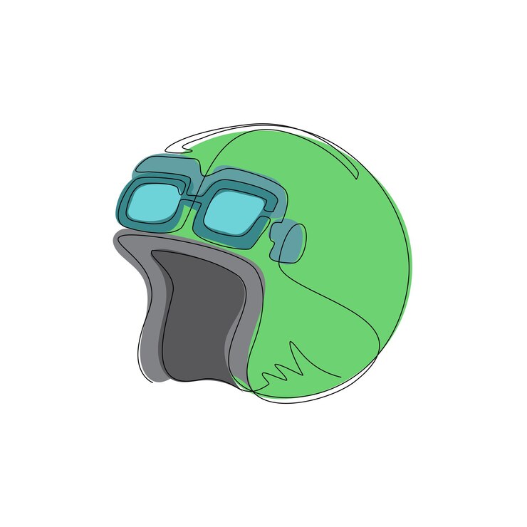 Vetor desenho contínuo de uma linha de motocicleta vintage capacete clássico com ícone de óculos retro capacete vetor