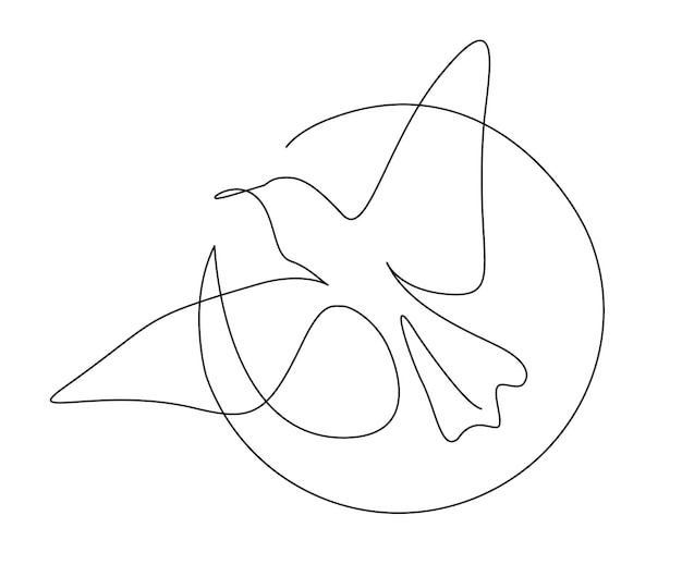 Desenho contínuo de uma linha de pássaro voador em linha de círculo contorno minimalista de ave, pomba e pomba
