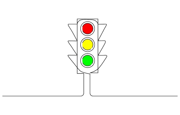 Vetor desenho contínuo de uma linha de semáforos com postes para regular a circulação de veículos no cruzamento da estrada