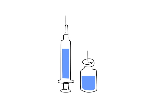 Desenho contínuo de uma linha de seringa com agulha e tubo de vacina para o teste de vacina corona