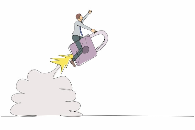 Desenho contínuo de uma linha de um empresário montando um foguete voando no céu