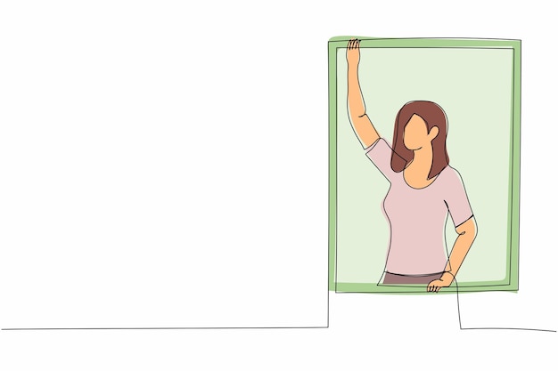 Vetor desenho contínuo de uma linha de uma jovem de pé perto da janela com a mão agitando a solidão