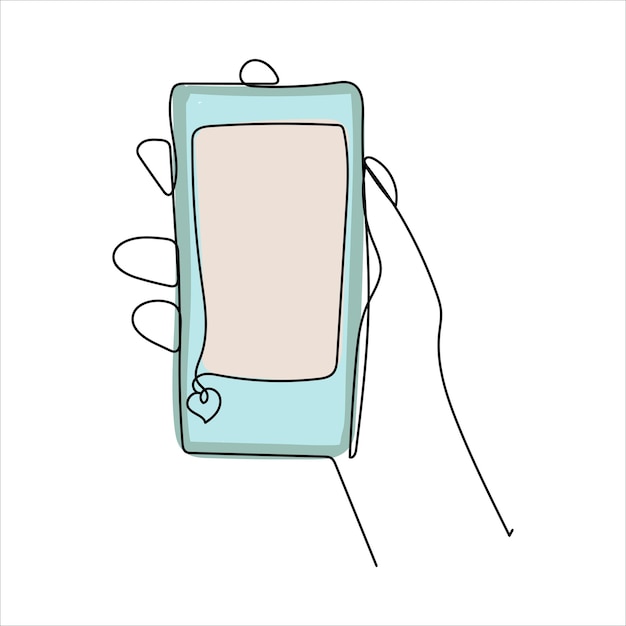 Desenho contínuo de uma linha de uma mão segurando um telefone ou smartphone gadget de tecnologia de telefonia móvel