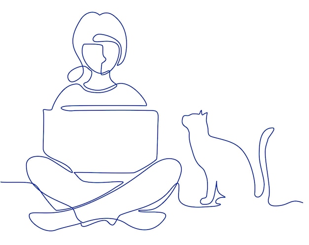 Vetor desenho contínuo de uma linha de uma mulher desenho de linha de uma menina com um laptop e um gato contínuo com uma mão